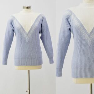 80s Vintage Powder Blue V Yoke Sweater Womens S Diamond Pattern Knit Light Blue